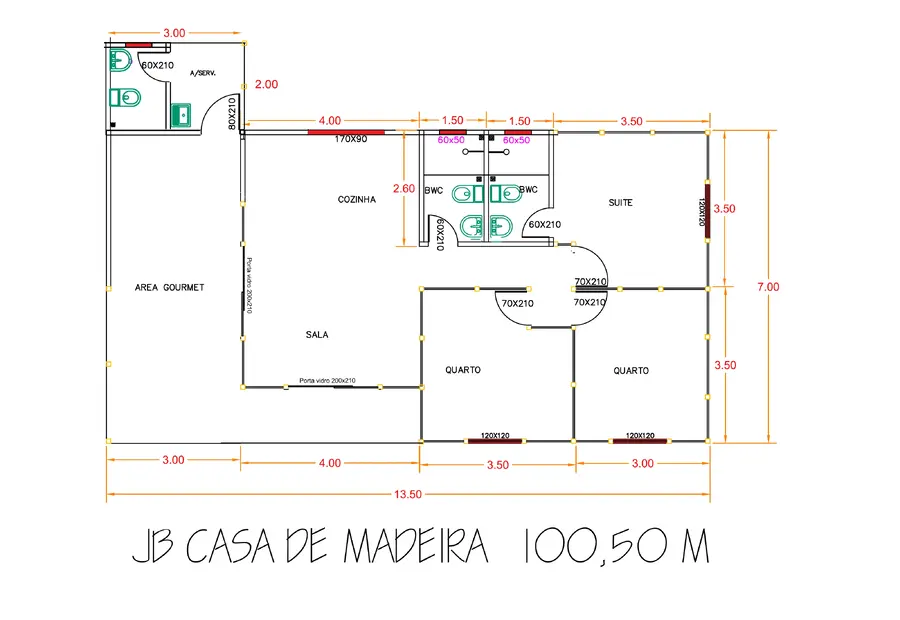 Planta: Casa 100,50m² com 1 suíte, 2 quartos, área gourmet e lavabo