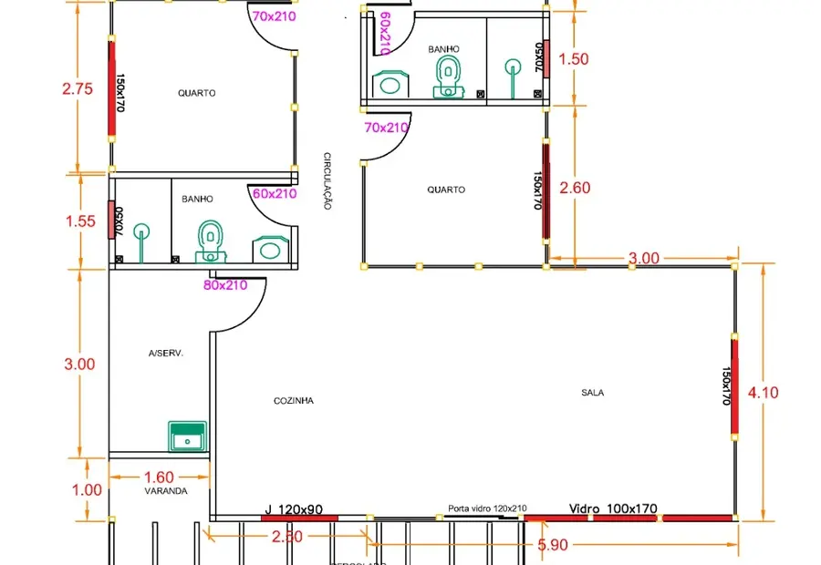 Planta: Casa 100,56m² com 1 suíte, 3 quartos, varanda e pergolado