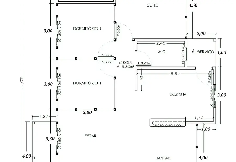 Planta: Casa 100,70m² com 1 suíte, 2 quartos e varanda