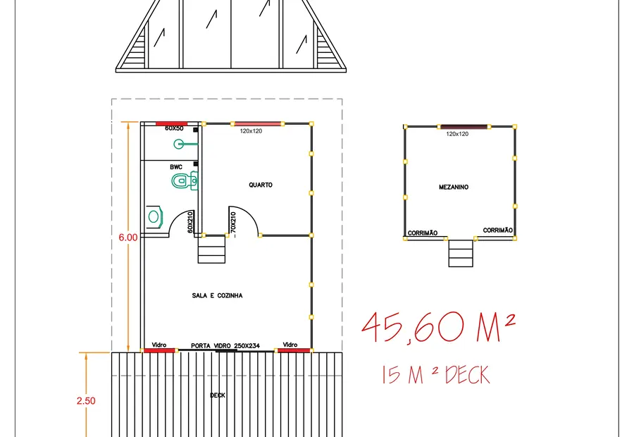 Planta: Chalé A-Frame 45,60m² com 2 quartos e deck