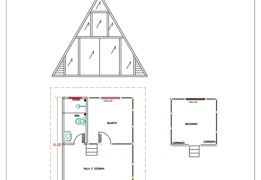 Planta: Chalé A-Frame 45,60m² com 2 quartos
