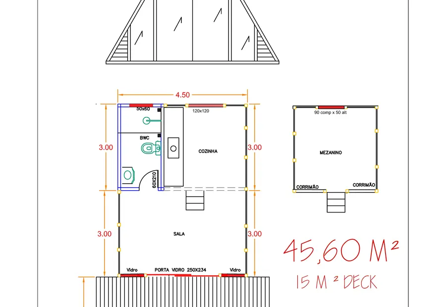 Planta: Chalé A-Frame 45,60m² com 1 quarto no mezanino e deck