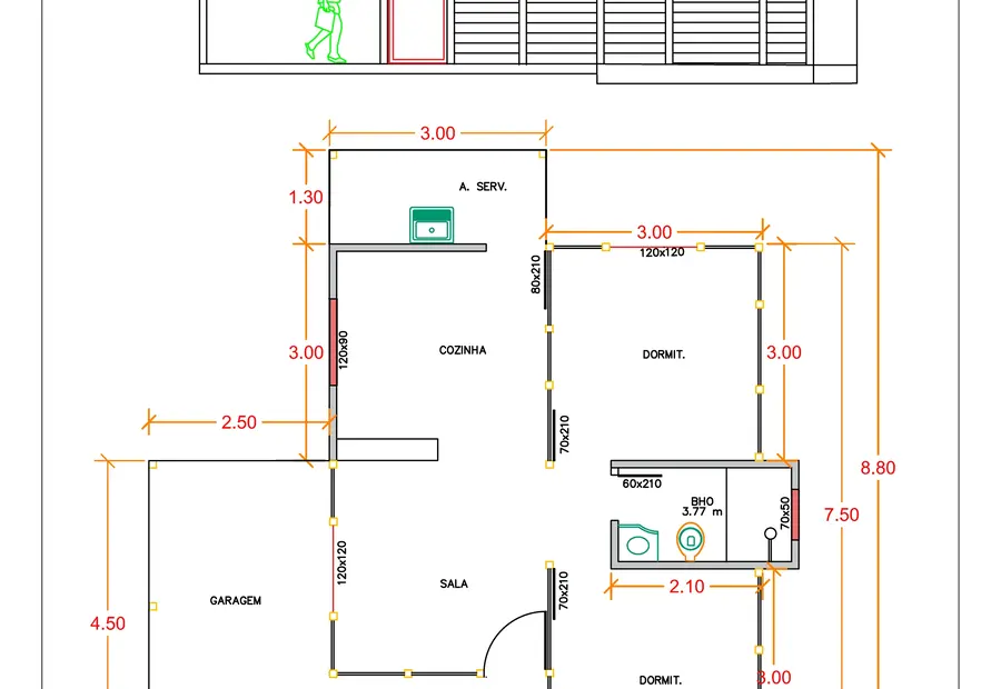 Planta: Casa 60,90m² com 2 quartos, garagem e varanda
