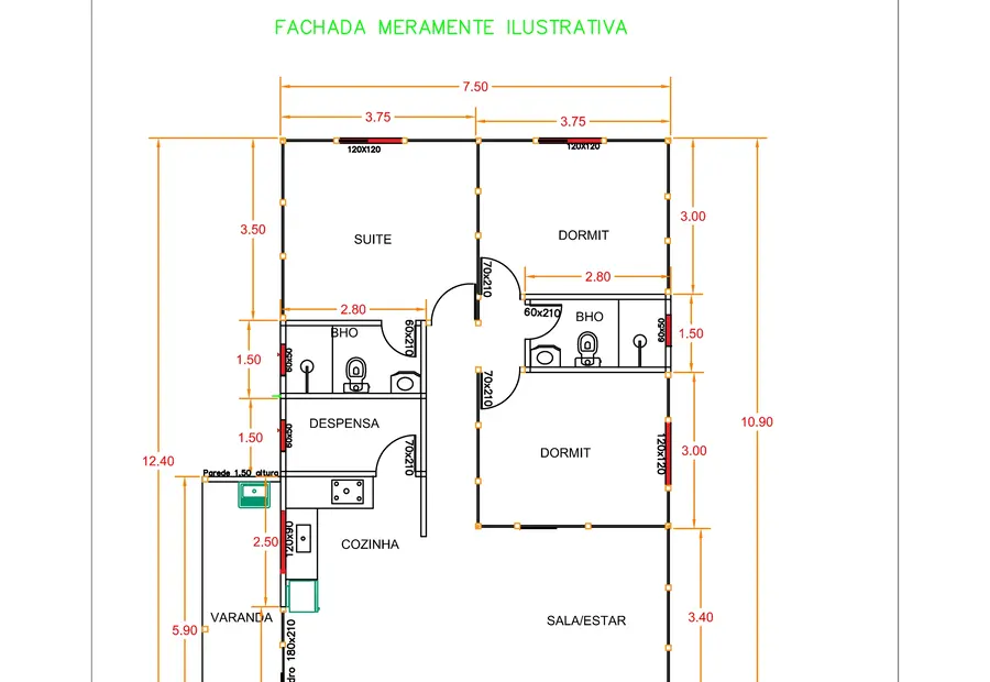 Planta: Casa 101,85m² com 1 suíte, 2 quartos, despensa, varanda e pergolado