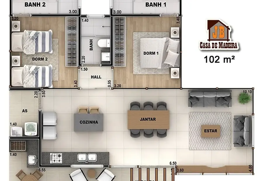 Planta: Casa 102,00m² com 2 suítes, área gourmet e varanda