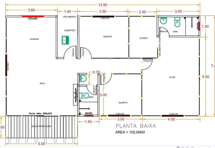 Planta: Casa 102,00m² com 1 suíte, 2 quartos, closet e deck pergolado