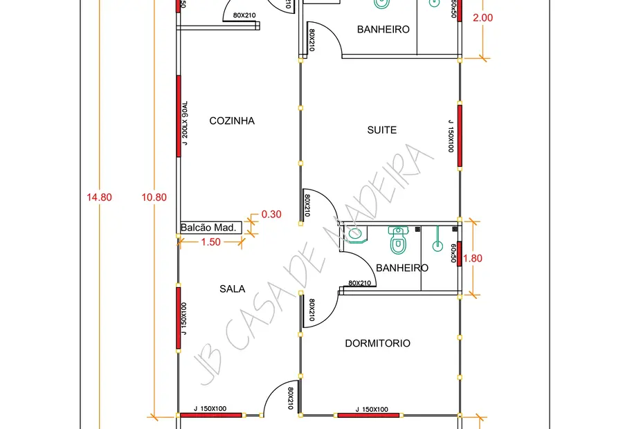 Planta: Casa 103,60m² com 1 suíte, 1 quarto, despensa e 2 varandas