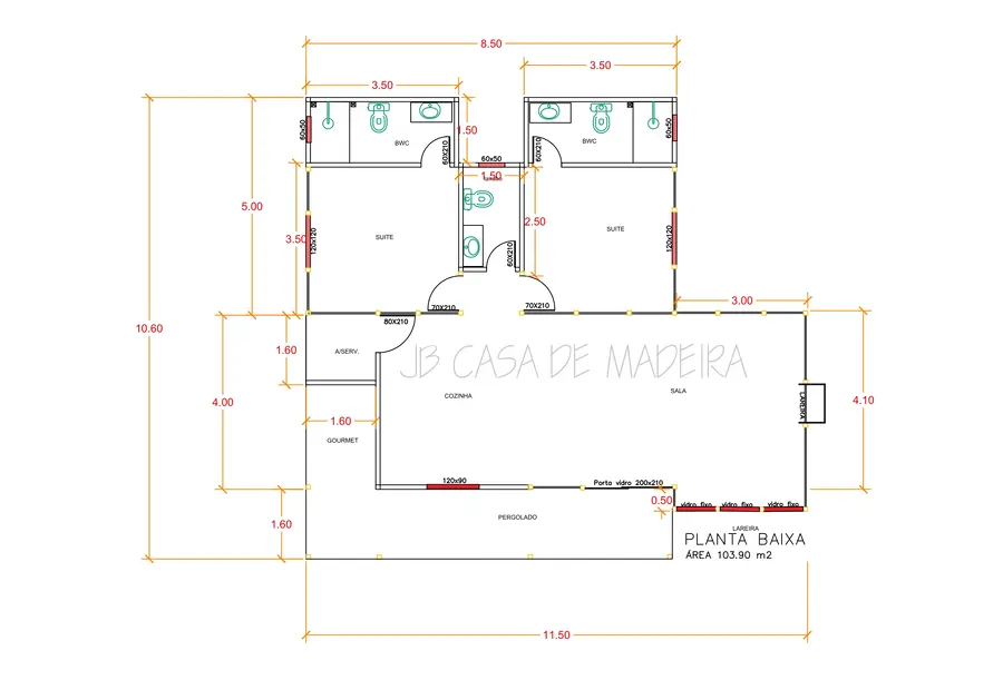 Planta: Casa 103,90m² com 2 suítes, lavabo, área gourmet e pergolado