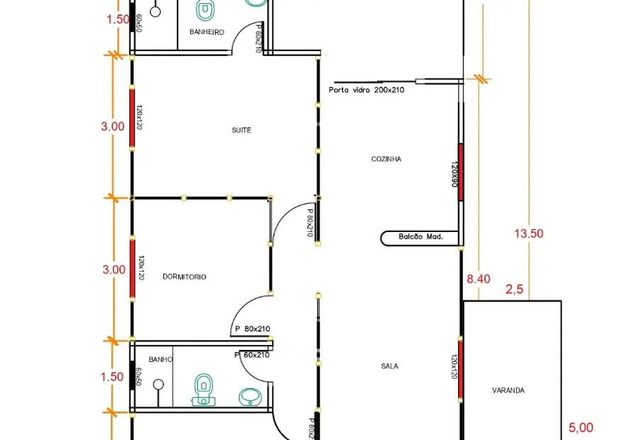 Planta: Casa 104,50m² com 1 suíte, 2 quartos, área gourmet e 2 varandas