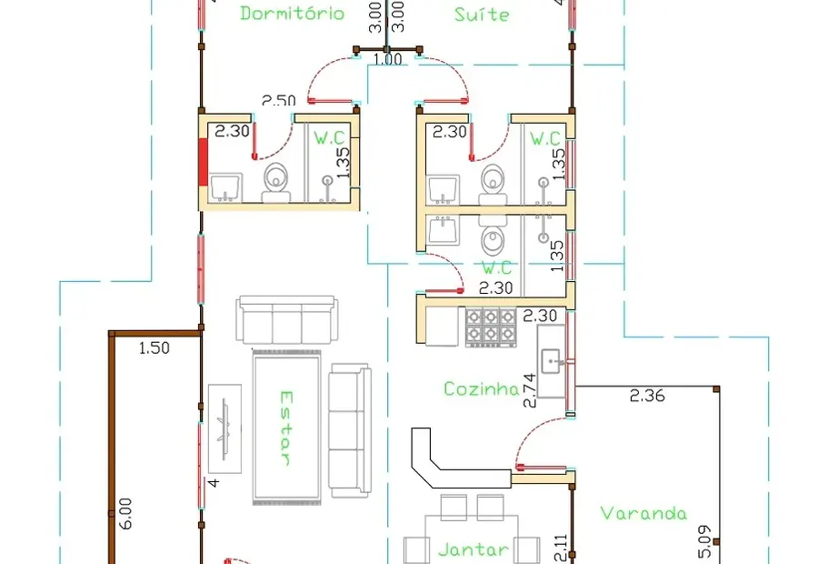 Planta: Casa 105,00m² com 2 suítes, 2 salas e 2 varandas