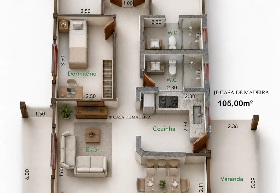 Planta: Casa 105,00m² com 1 suíte, 2 quartos e 2 varandas