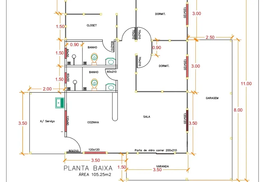 Planta: Casa 105,25m² com 1 suíte, 2 quartos, closet, garagem e varanda