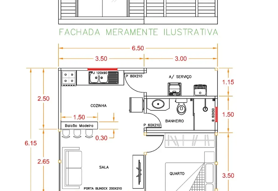 Planta: Casa 40,00m² com 1 quarto, varanda e área de serviço
