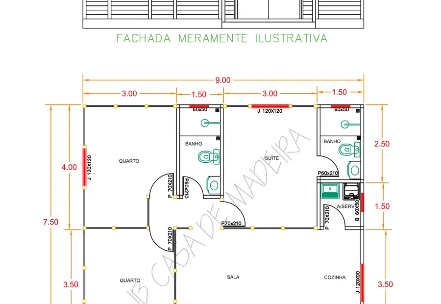Planta: Casa 72,00m² com Três Dormitórios e Pergolado