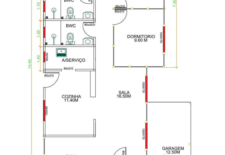 Planta: Casa 110,00m² com 1 suíte e 2 quartos