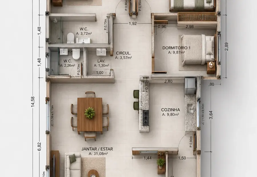 Planta: Casa 110,38m² com 1 suíte e 2 quartos