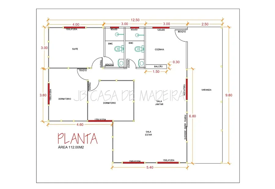 Planta: Casa 112,00m² com 1 suíte e 2 quartos