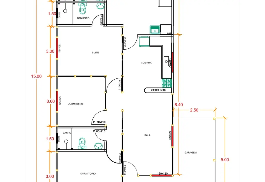 Planta: Casa 113,05m² com 1 suíte e 2 quartos