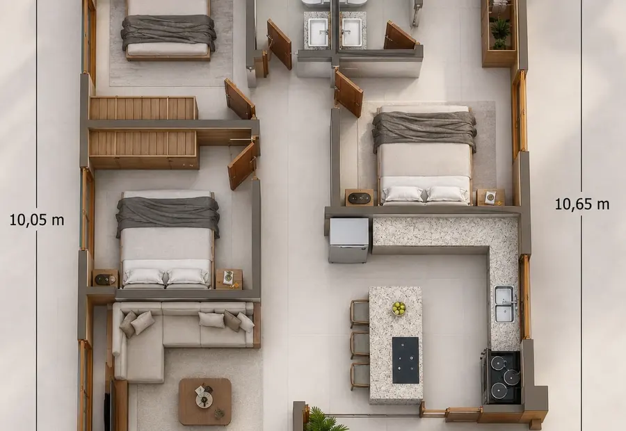 Planta: Casa 85,11m² com 1 suíte e 2 quartos