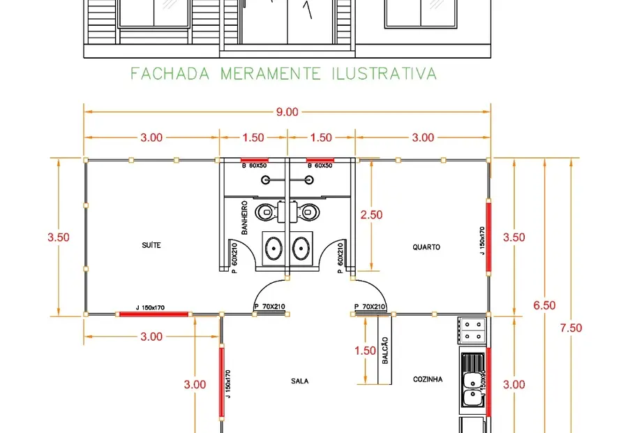 Planta: Casa 52,50m² com 1 suíte, 1 quarto e varanda