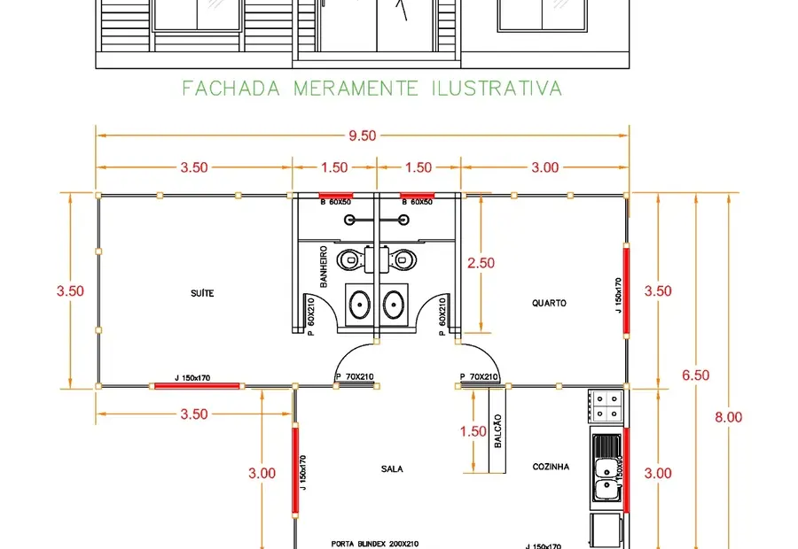 Planta: Casa 55,75m² com 1 suíte, 1 quarto e varanda