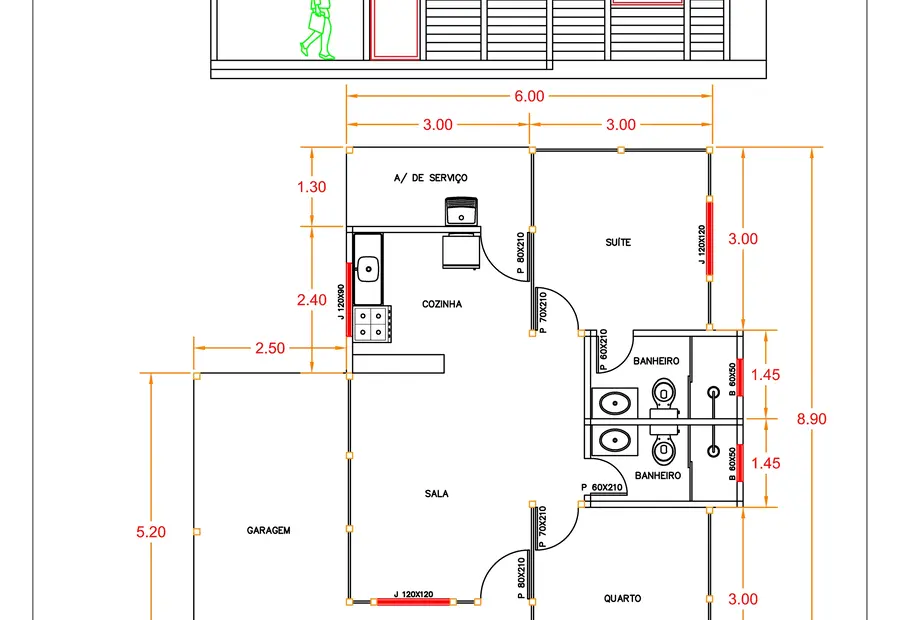Planta: Casa Térrea 67,85m² com 1 Quarto, 1 Suíte e Garagem