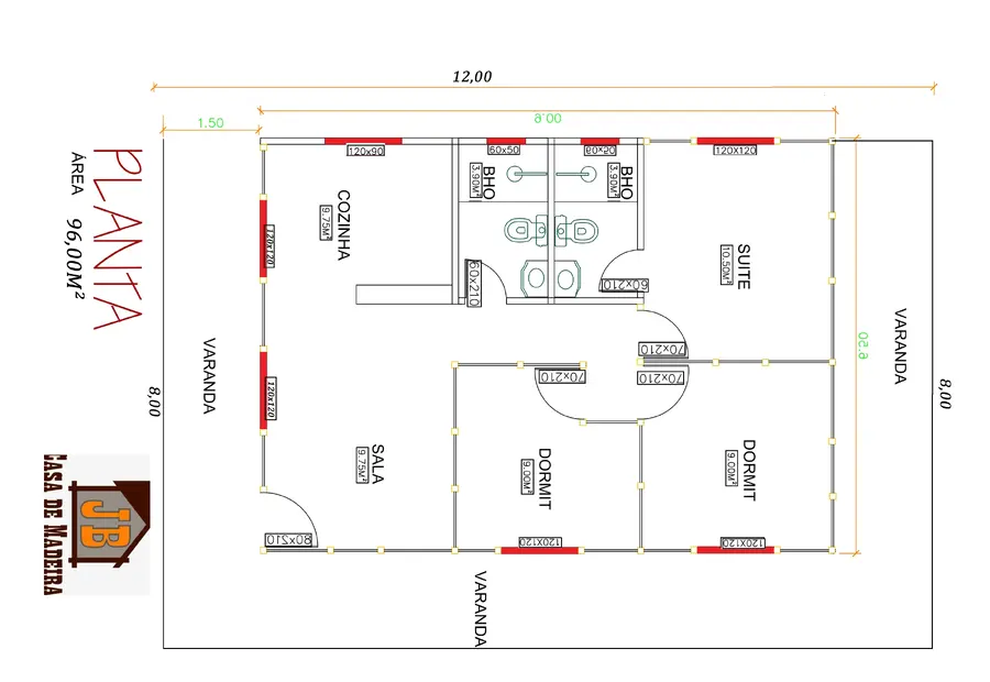 Planta: Casa 96,00m² com 1 suíte, 2 quartos e varanda em U