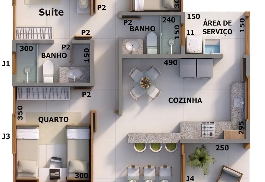 Planta: Casa 114,00m² com 1 suíte, 2 quartos e varanda coberta