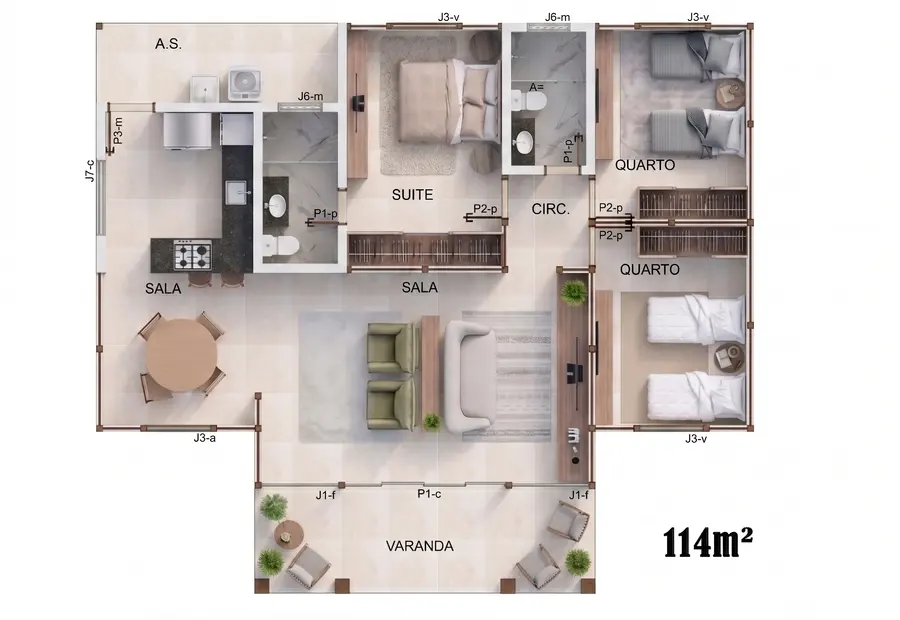 Planta: Casa 114,00m² com 1 suíte, 2 quartos, 2 salas e varanda