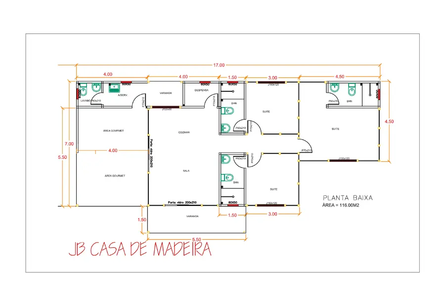 Planta: Casa 116,00m² com 3 suítes, lavabo e área gourmet