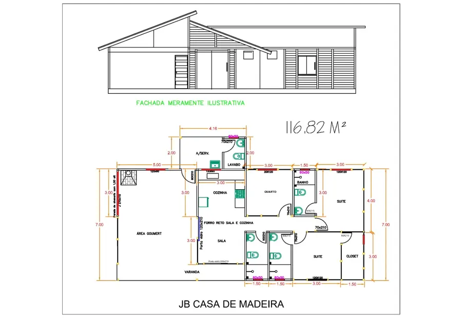 Planta: Casa 116,82m² com 2 suítes, 1 quarto, lavabo e área gourmet