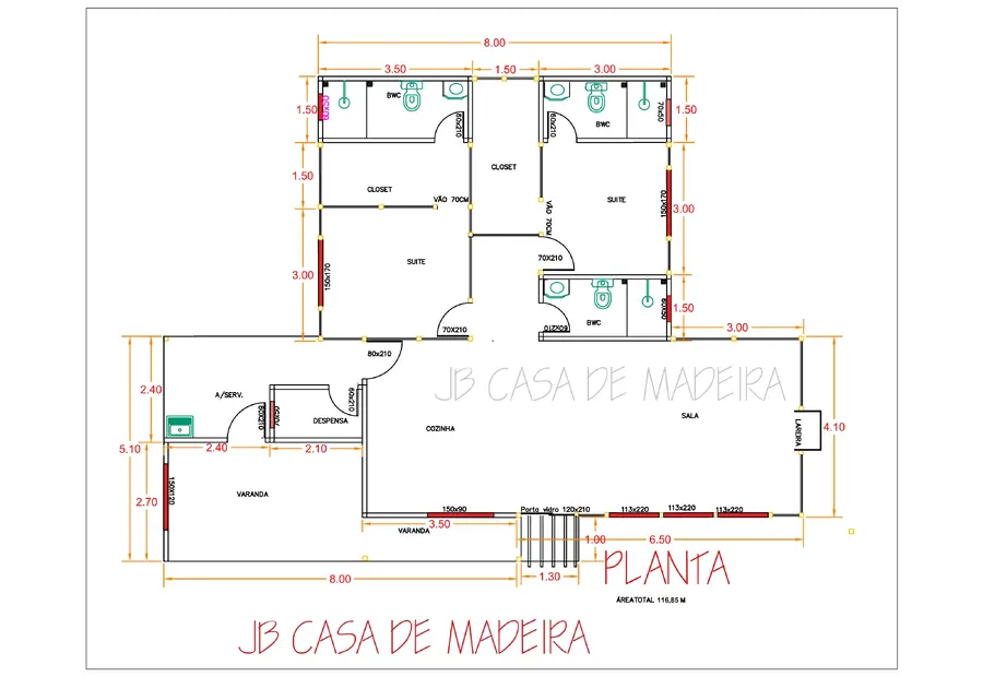 Planta: Casa 116,85m² com 2 suítes, banheiro social e varandas