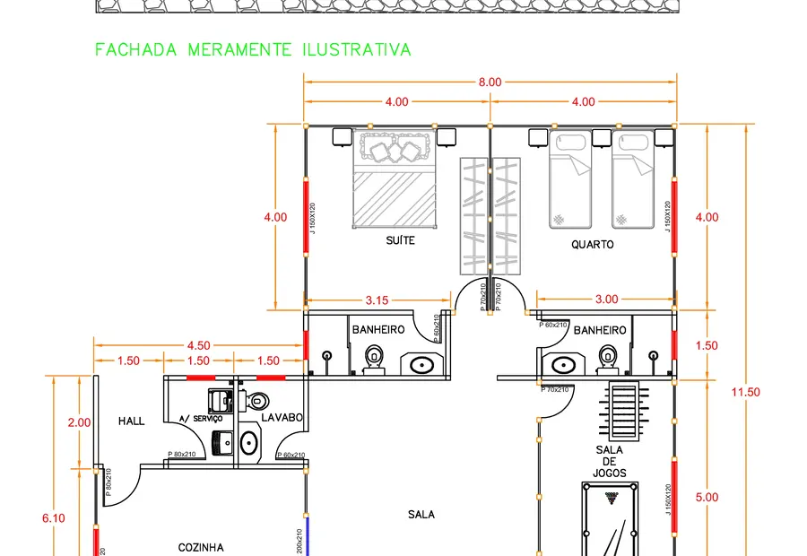 Planta: Casa 119,50m² com 1 suíte e 1 quarto