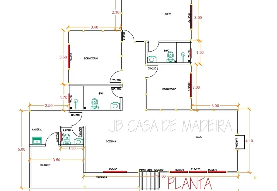 Planta: Casa 120,75m² com 1 suíte e 2 quartos