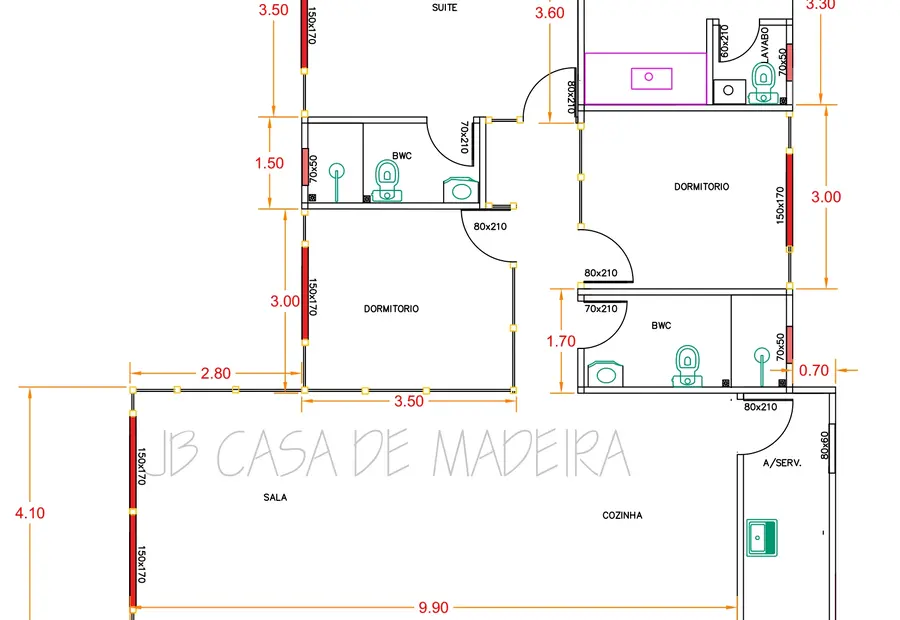 Planta: Casa 122,50m² com 1 suíte e 2 quartos