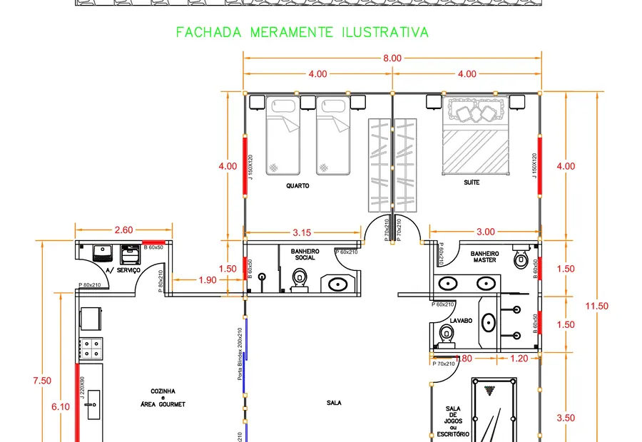 Planta: Casa 123,50m² com 1 suíte e 1 quarto