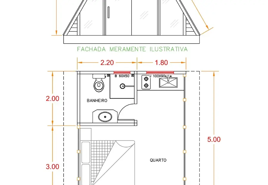 Planta: Chalé A-Frame Vidros 25,00m² com 1 quarto