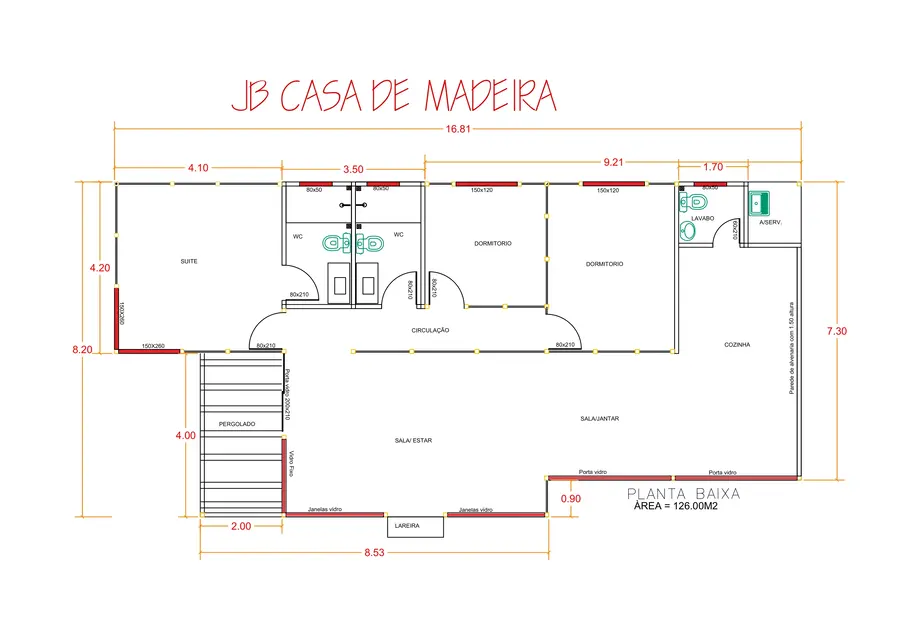 Planta: Casa 126,00m² com 1 suíte e 2 quartos