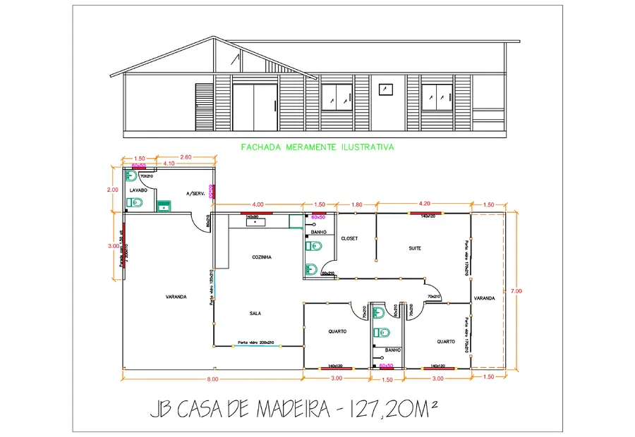 Planta: Casa 127,20m² com 1 suíte e 2 quartos
