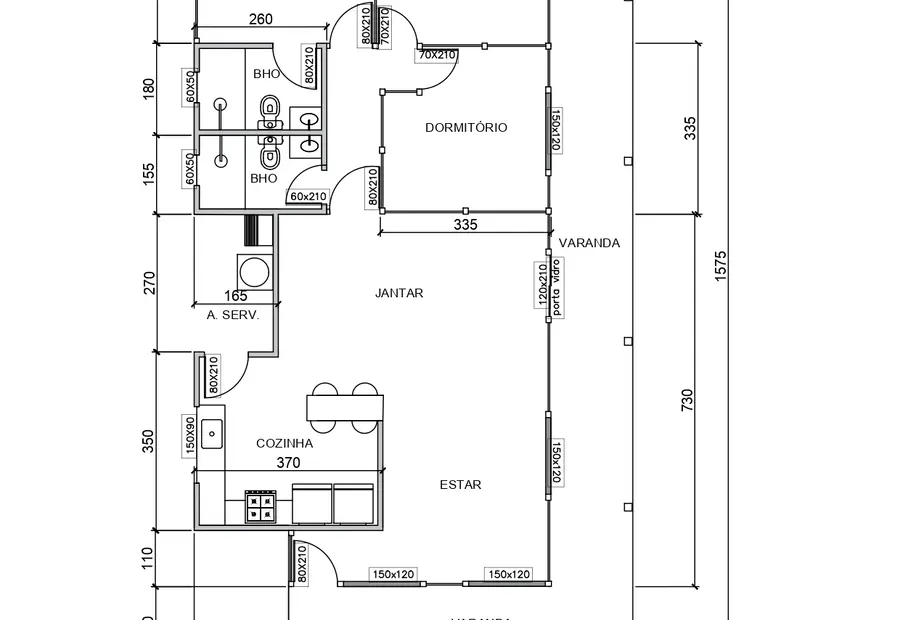 Planta: Casa 130,46m² com 1 suíte e 2 quartos