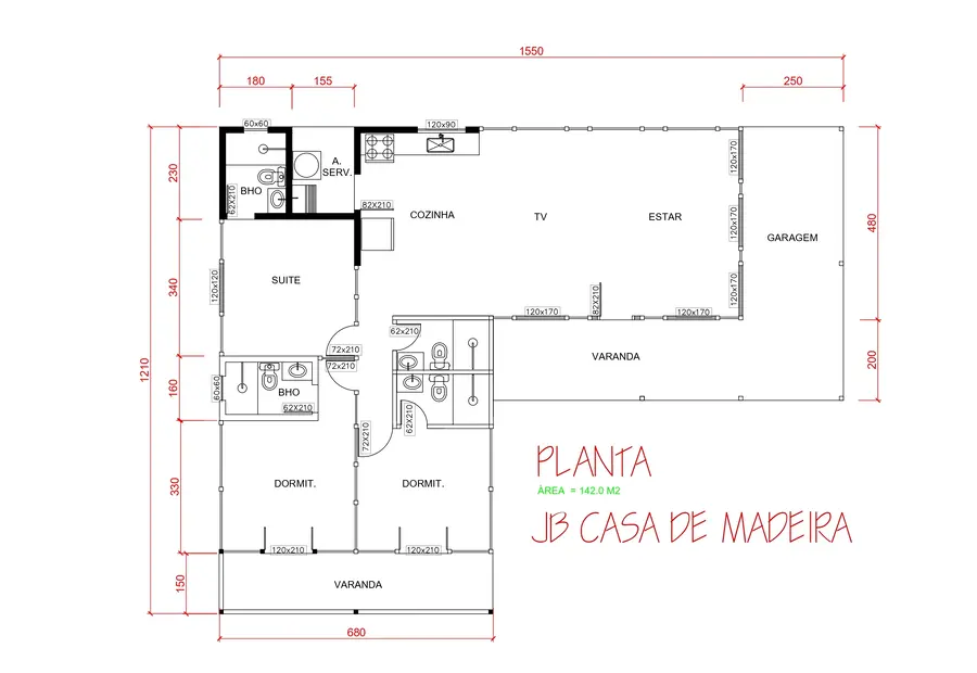 Planta: Casa 142,00m² com 1 suíte e 2 quartos