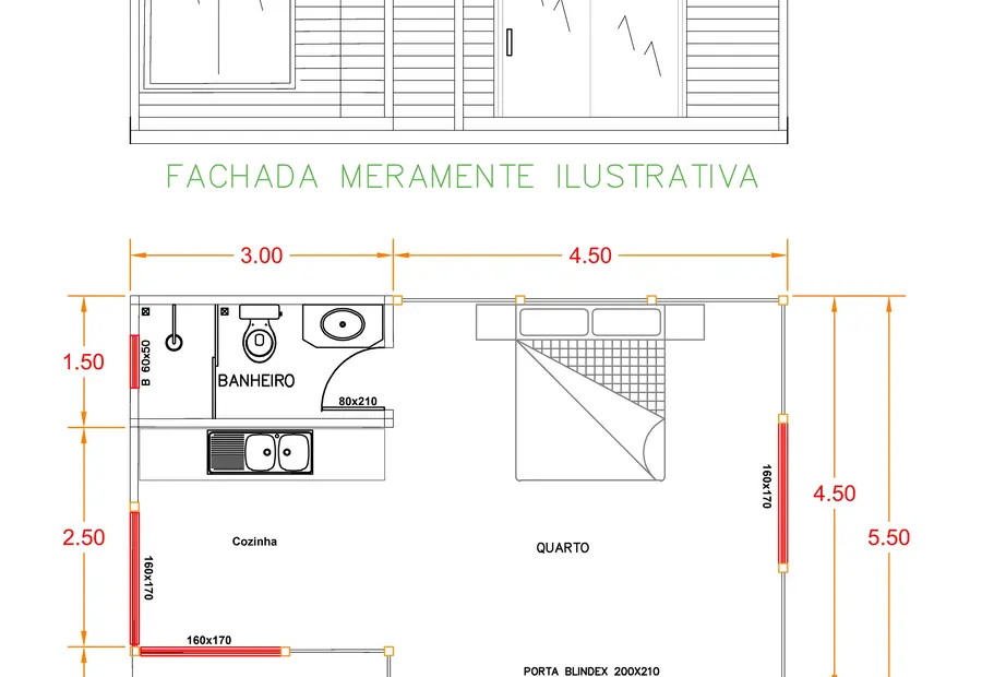 Planta: Chalé 41,25m² com 1 quarto