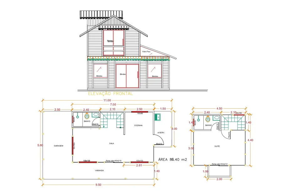 Planta: Casa 86,40m² com 1 suíte e garagem