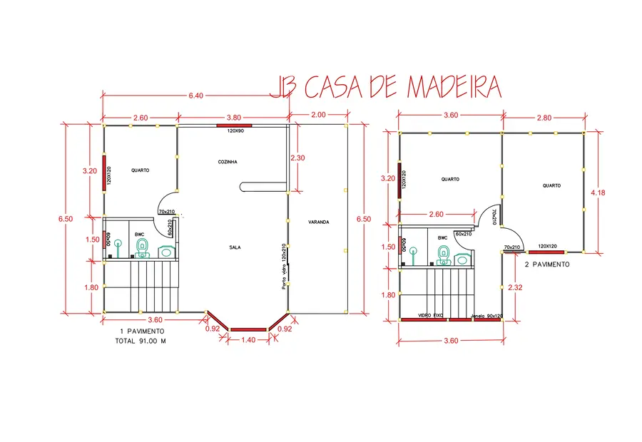 Planta: Casa 91,00m² com 3 quartos e 2 banheiros