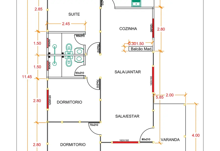 Planta: Casa 85,86m² com 1 Suíte e 2 Quartos