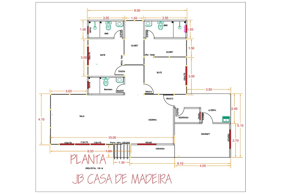 Planta: Casa 116,00m² com 2 suítes