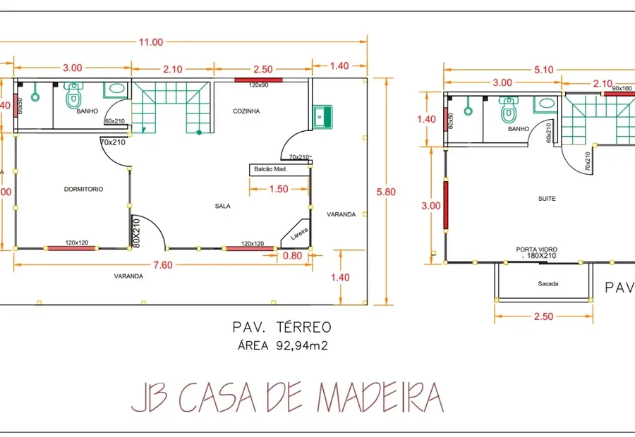 Planta: Casa 92,94m² com 1 suíte e 1 quarto