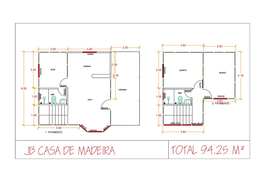 Planta: Casa duplex 94,25m² com 1 suíte e 2 quartos