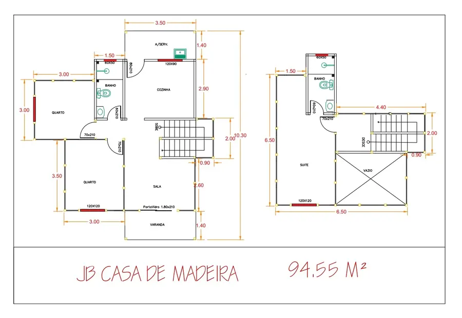 Planta: Casa duplex 94,55m² com 1 suíte e 2 quartos
