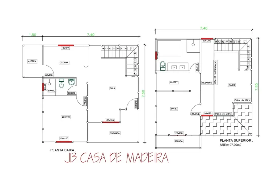 Planta: Casa duplex 97,00m² com 1 suíte e 1 quarto